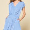 V Neck Mini Dress With Pockets Cinch Waist