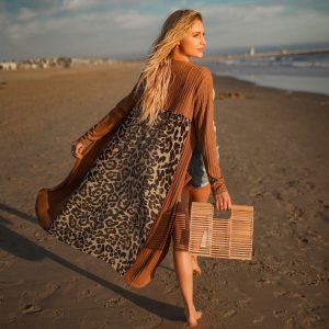 Leopard Chiffon Back Midi Cardigan Long Sleeve Ribbed