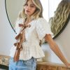 Romantic Babydoll Blouse With Bow Tie Textured Puff