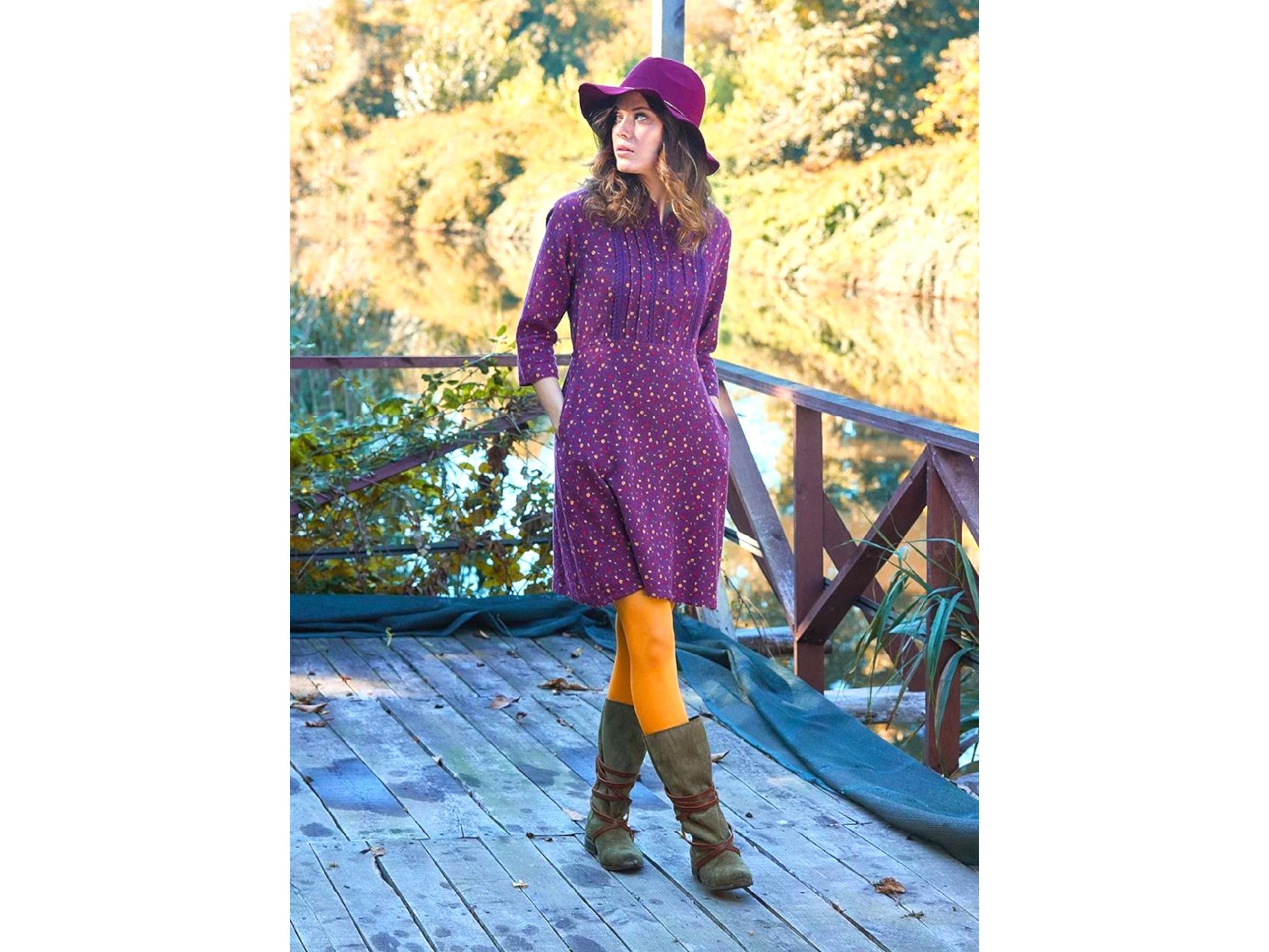 Purple Flannel Cotton Dress With Lace Button Details Purple Flannel Cotton Dress With Lace Button Details
